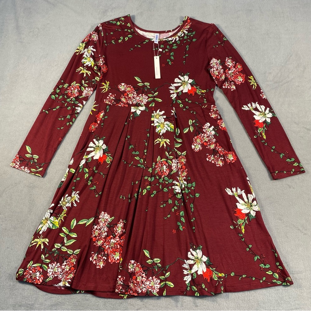 Korsis Women’s Burgundy Floral Print Stretch Pleated Dress, Long Sleeves, XL
